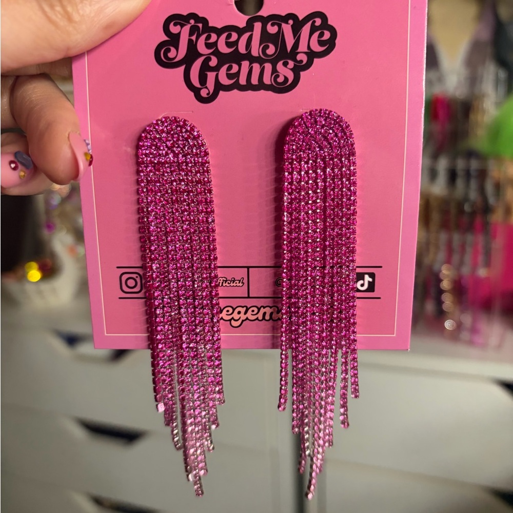 Feed Me Gems TF20 Fuschia Siren Rhinestone Fringe Earrings
